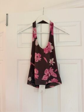Y2K Brown & Pink Floral Halter Top M